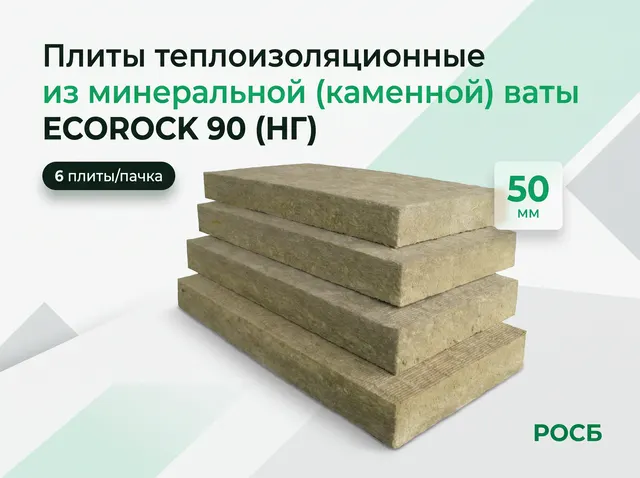 Плиты теплоизоляционные из минеральной (каменной) ваты ECOROCK 90 (НГ) 1200х600х50 6 плиты/пачка (6,