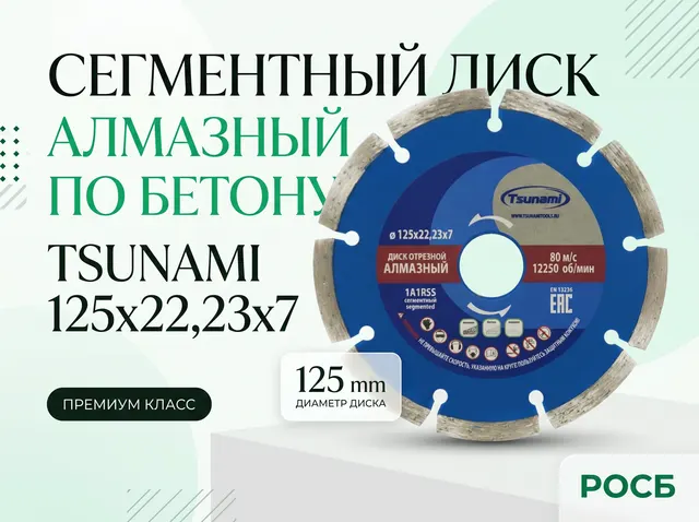125х22,23х7   Сегментный диск алмазный по бетону TSUNAMI